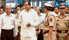 Union home minister P. Chidambaram visits the Chhatrapati Shivaji Terminus, one of the several places where terrorists shot at people, in Mumbai on Friday.