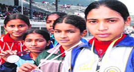 Harpreet Kaur (Ist), Jyoti (runner-up) and Prabhjot (2nd runner-up), who won the 3,000 m race in the State Games organised in Ludhiana.