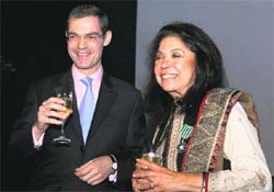 Designer Ritu Kumar (left) with the French Ambassador to India Jerome Bonnafont after being awarded with Legion d'honneur by him at a function in New Delhi