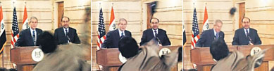 In this series of images made from APTN video, Muntadar al-Zaidi, a correspondent for Al-Baghdadiya television, is seen throwing a shoe at US President George W. Bush, during a news conference with Iraq Prime Minister Nouri al-Maliki in Baghdad on Sunday. Zaidi threw two shoes at Bush, one after another. In Iraqi culture, throwing shoes at someone is a sign of contempt.