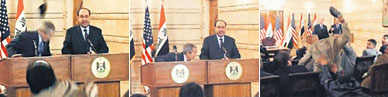 In this series of images made from APTN video, Muntadar al-Zaidi, a correspondent for Al-Baghdadiya television, is seen throwing a shoe at US President George W. Bush, during a news conference with Iraq Prime Minister Nouri al-Maliki in Baghdad on Sunday. Zaidi threw two shoes at Bush, one after another. In Iraqi culture, throwing shoes at someone is a sign of contempt.