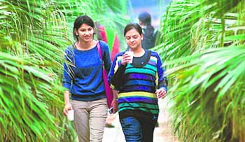 With a nip in the air, these two girls, dressed in blue, keep the chill away with a hot cup of coffee at Panjab University