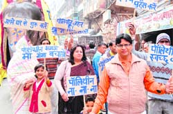 Residents of Haridwar protest against the use of polythene. Tribune photo: Rameshwar