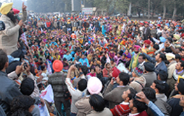 ETT teachers block the Bathinda-Goniana road in Bathinda on Thursday.
