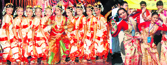 Daksha Mistry Patel and her troupe perform a temple dance at the Universal Rang Mahotsava in the Doon MC Auditorium; and (right) Assamese folk artistes perform at Universal Rang Mahotsava in Dehradun.