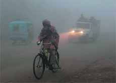 A thick blanket of fog engulfs Ambala on Monday.