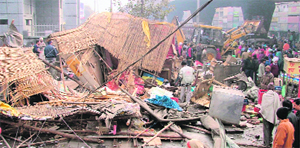 Remains of some of the kiosks that were removed by the tehbazaari wing of the municipal corporation in Ludhiana on Monday.
