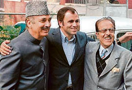 Former Chief Minister of Jammu and Kashmir Ghulam Nabi Azad, National Conference president Omar Abdullah and Union Minister for Water Resources Saifuddin Soz after a meeting with Congress president Sonia Gandhi in New Delhi on Tuesday.