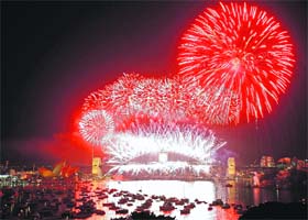 WELCOME 2009: The New Years Eve fireworks based on the Aboriginal theme Creation Storm explode over the Sydney Harbour Bridge