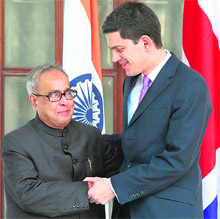 Foreign Minister Pranab Mukherjee with British Foreign Secretary David Miliband at Hyderabad House in New Delhi on Tuesday.