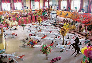 Aeroplane replicas being offered at Gurdwara Sant Baba Nihal Singh Ji Shaheedan at Talhan near Jalandhar.