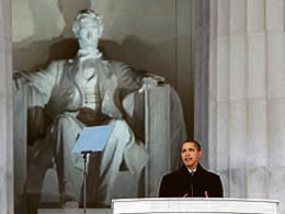 US President-elect Barack Obama speaks in front of the Lincoln Memorial during the We Are One: The Obama Inaugural Celebration At The Lincoln Memorial on Sunday at the National Mall in Washington, DC.