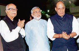 BJP prime ministerial candidate LK Advani with party national president Rajnath Singh and Gujarat CM Narendra Modi during the partys national executive meeting at Nagpur.