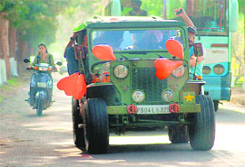 Youngsters zip across the geri route as they have fun on wheels on V-Day