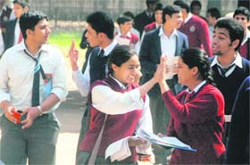 Students in a jubilant mood after taking the CBSE exams in a school in Chandigarh