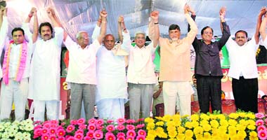 JD (S) supremo HD Devegowda (fourth from left), CPM general secretary Prakash Karat (fourth from right), CPI general secretary AB Bardhan (third from left), TDP President Chandrababu Naidu (third from right) and other leaders during a rally for the launch of the Third Front ahead of the Lok Sabha polls at Dobbespet, about 60 km from Bangalore