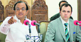 Union Home Minister P Chidambaram and Chief Minister Omar Abdullah address mediapersons in Jammu on Wednesday.
