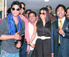 Kings XI Punjab owner Preity Zinta and Kolkata Knight Riders owner Shah Rukh Khan after the press conference in Mumbai on Sunday.