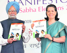 Congress president Sonia Gandhi and Prime Minister Manmohan Singh release party manifesto at AICC headquarters in New Delhi on Tuesday.