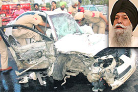 Mangled remains of Hyundai Elantra car in which Punjab Cooperation Minister Capt Kanwaljit Singh met with a fatal accident on the Chandigarh- Ludhiana road on Sunday.