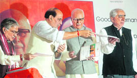 BJP leaders Murli Manohar Joshi, Rajnath Singh, LK Advani and Jaswant Singh during the release of the partys manifesto in New Delhi on Friday.