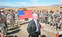 US Secretary of Defence Robert Gates speaks to US troops during his visit to Forward Operating Base Airborne in Wardak Province, Afghanistan, on Friday.