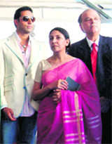 Bollywood actor Abhishek Bachchan along with actor Deepti Naval and ASSOCHAM Secretary General D.S. Rawat (left) at Cannes on Friday.