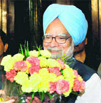 Manmohan Singh after the Congress Parliamentary Party meeting at Central Hall of the Parliament House in New Delhi on Tuesday.