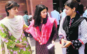 Congress debutant MPs, (from left), Jyoti Mirdha, Shruti and Mausam Benazir Noor after the Congress Parliamentary Party meeting at Parliament House in New Delhi on Tuesday.