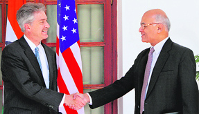 US Under Secretary of State for Political Affairs William Burns with Foreign Secretary Shiv Shankar Menon prior to a meeting in New Delhi on Wednesday.
