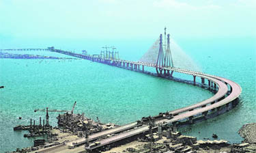 This photograph shows an aerial view of the Bandra-Worli sea link in Mumbai, which was inaugurated by Congress president Sonia Gandhi on Tuesday.