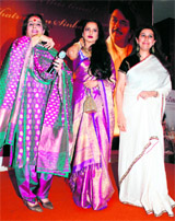 Poonam Sinha, Rekha and Kamia Malhotra attend a party hosted by Sinha and Malhotra, to celebrate Bollywood actor Shatrughan Sinha's election to the Lok Sabha and to mark the completion of the film Aaj Phir Jeene Ki Tamanna Hai at Novotel Hotel in Mumbai.