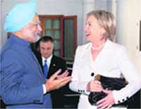 US Secretary of State Hillary Clinton calling on Prime Minister Manmohan Singh in New Delhi