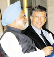 Microsoft chairman Bill Gates with Prime Minister Manmohan Singh at the Rashtrapati Bhawan in New Delhi. Gates received the Indira Gandhi Prize for Peace on Saturday.