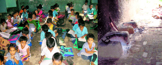 Students at a government primary school in Ludhiana sit on jute mats and (right) a temporary kitchen where midday meal is cooked.