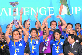The Indian soccer team with the trophy after winning the Asian Football Confederation Challenge Cup at Ambedkar Stadium, New Delhi, in 2008