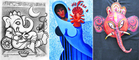 Satwant Singh’s sketch of Ganesha, a semi abstract Ganesha on Balvinder’s canvas and Kavita Singh’s Ganesha mask.