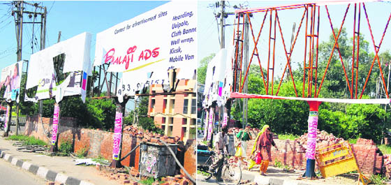 Hoardings removed by the police at Fountain Chowk following the DM’s order in Ludhiana on Saturday.
