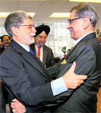 Foreign Minister SM Krishna greets his counterpart from Brazil Celso Amorim in New York on Monday.