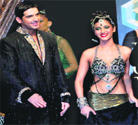 Actors Zayed Khan and Shruti Hassan in designer Manav Gangwani's creation during the India Couture Week 2009 in Mumbai on Thursday night.