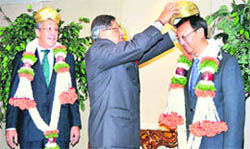 External Affairs Minister SM Krishna felicitates his Chinese counterpart Yang Jiechi before the commencement of the ninth trilateral meeting on Tuesday. Also seen in the picture is Russian foreign minister Sergei Lavrov.