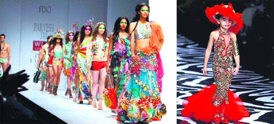 Models walk on a ramp during the Wills Lifestyle India Fashion Week in New Delhi