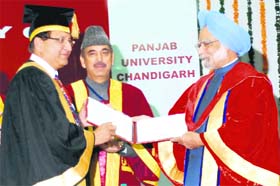 Prime Minister Dr Manmohan Singh being conferred Doctor of Laws (honoris causa) by PU Vice-Chancellor RC Sobti at a special convocation at Panjab University in Chandigarh