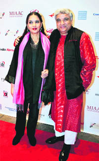 Actor Shabana Azmi and her writer husband Javed Akhtar at the closing night red carpet of MIAAC film festival in Manhattan, New York.