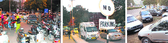from left: Two-wheelers parked haphazardly leaving little manoeuvrability for four-wheelers, vehicles parked in the ‘No Parking’ zone at the Sector 22 market and vehicles parked at an unauthorised place near Sector 10 in Chandigarh.
