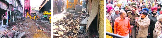Cemented extensions and iron grills being removed at Clock Tower Chowk (left); steps and extensions outside shops in books market being demolished by the MC (centre); and police officials pacify a shopkeeper in Ludhiana