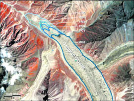 A NASA satellite picture showing the retreat of the Gangotri glacier over the years