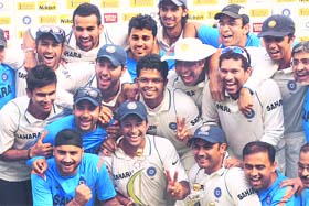 INDIA SHINING: Team India pose after winning the third Test against Sri Lanka