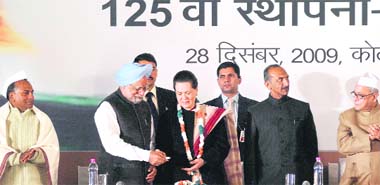 Prime Minister Manmohan Singh, Congress president Sonia Gandhi and Union ministers Pranab Mukherjee and AK Antony at the 125th Foundation Day function of the Congress in New Delhi