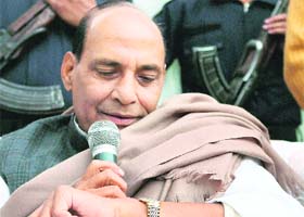 Former BJP president Rajnath Singh at a press conference in Lucknow